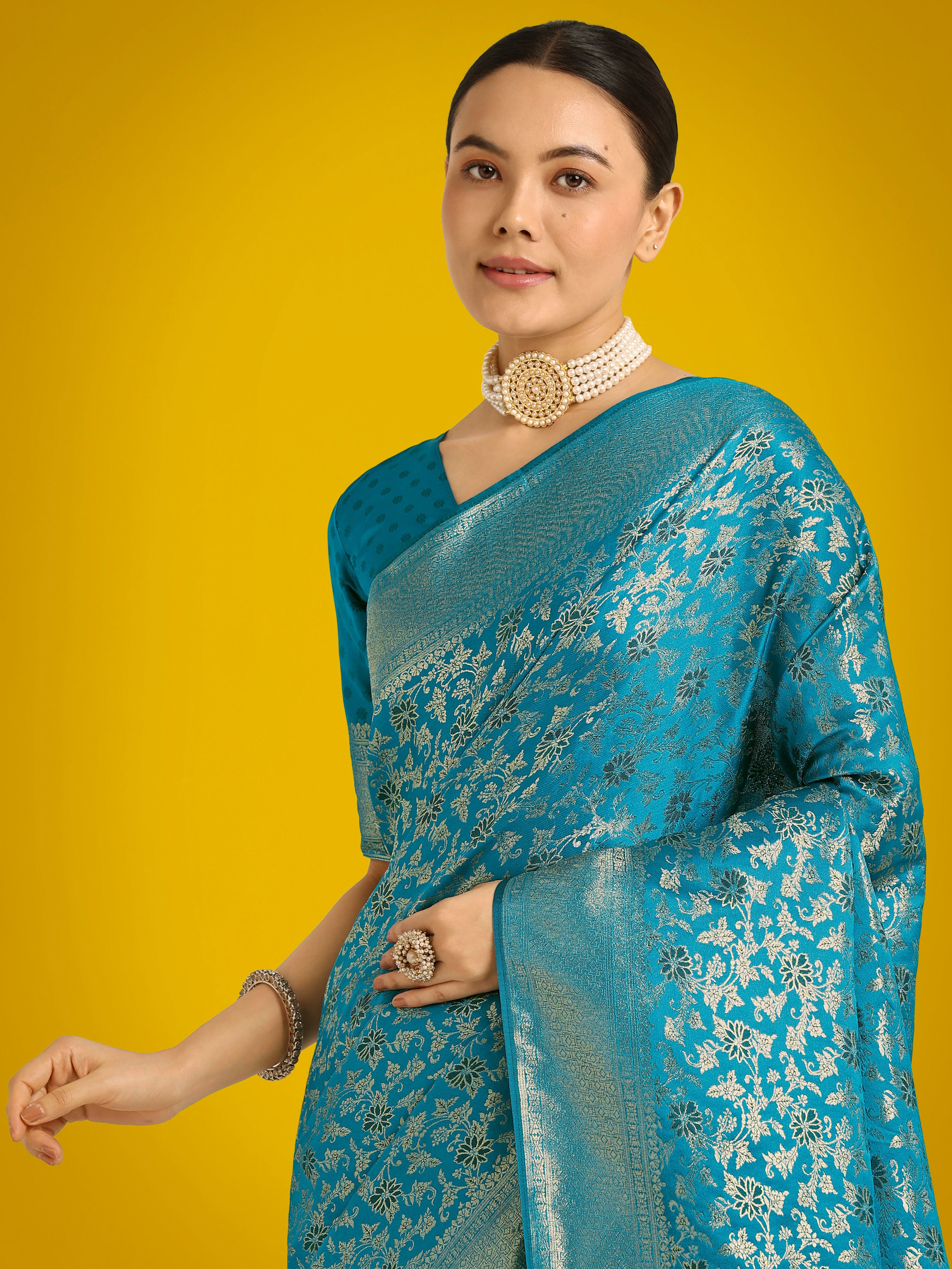 Monjolika Fashion Scintilla Sky blue Banarasi Satin Silk Meenakari zari weaving Pattern Saree - Distacart