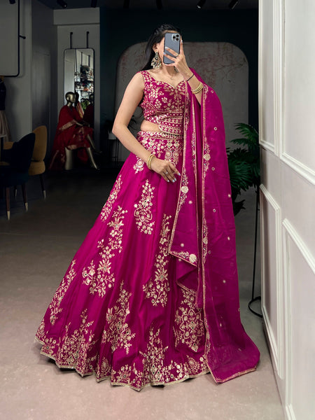 Lorenvalley Fashion Pink Naysha Silk Sequins And Thread Embroidery Work With Lace Border Lehenga Choli With Dupatta