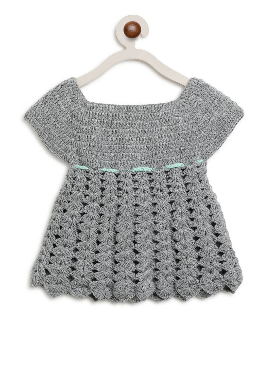 ChutPut Hand knitted Crochet Maharani Wool Dress For Baby Girls - Green