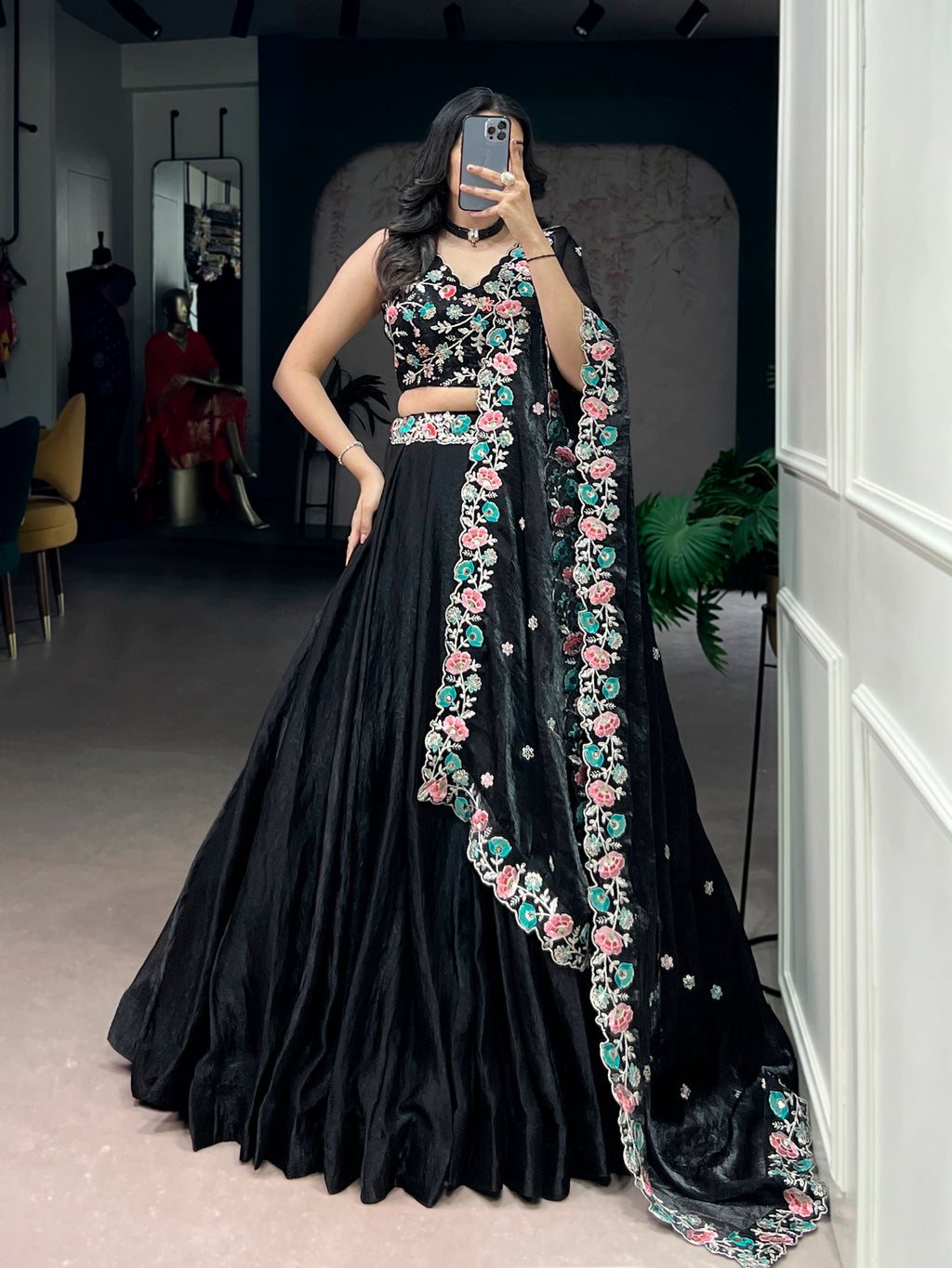 Lorenvalley Fashion Black Fendy Satin Sequins and Thread Embroidery Work Belt Lehenga Choli with Dupatta - Distacart
