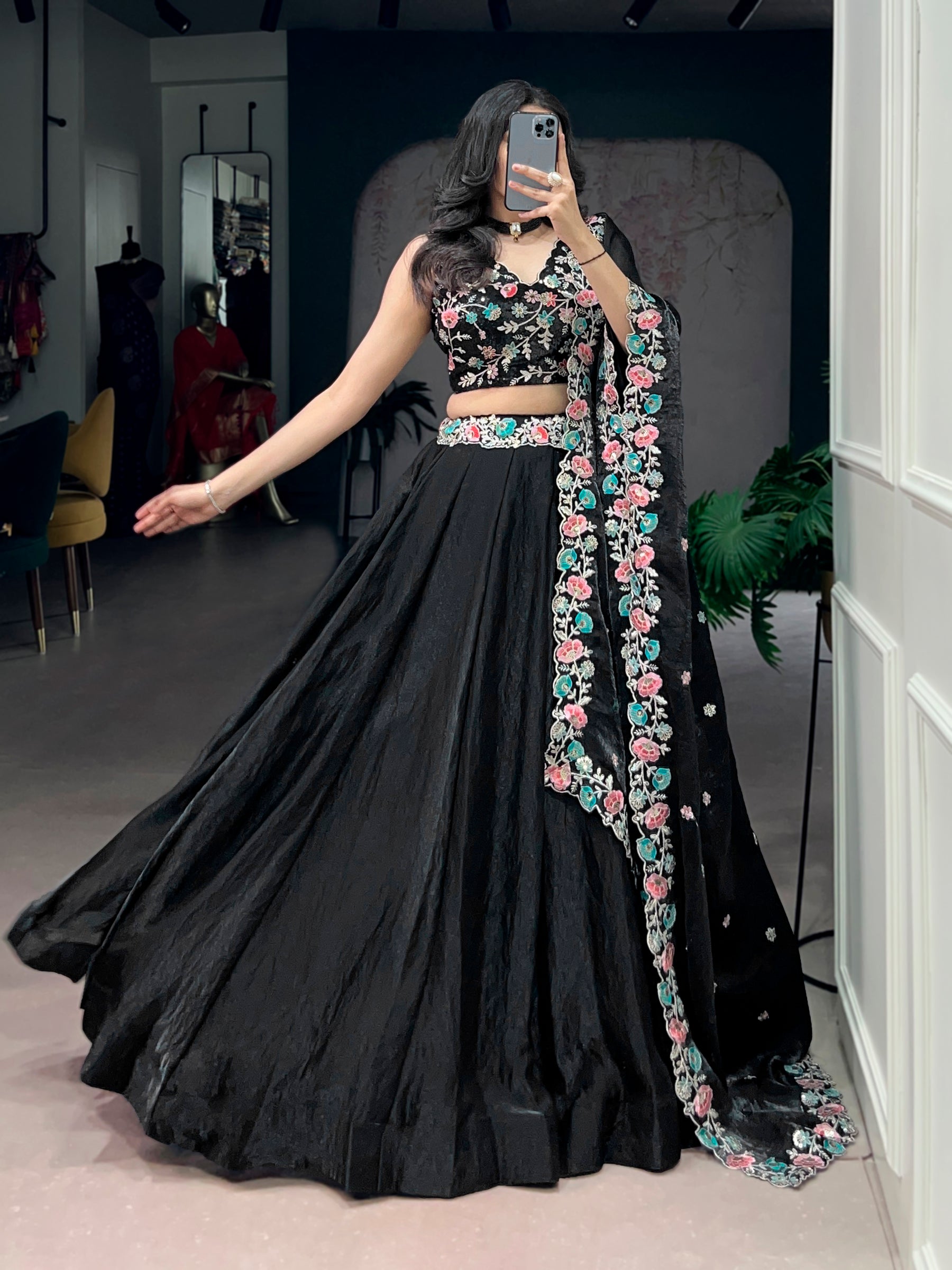 Lorenvalley Fashion Black Fendy Satin Sequins and Thread Embroidery Work Belt Lehenga Choli with Dupatta - Distacart