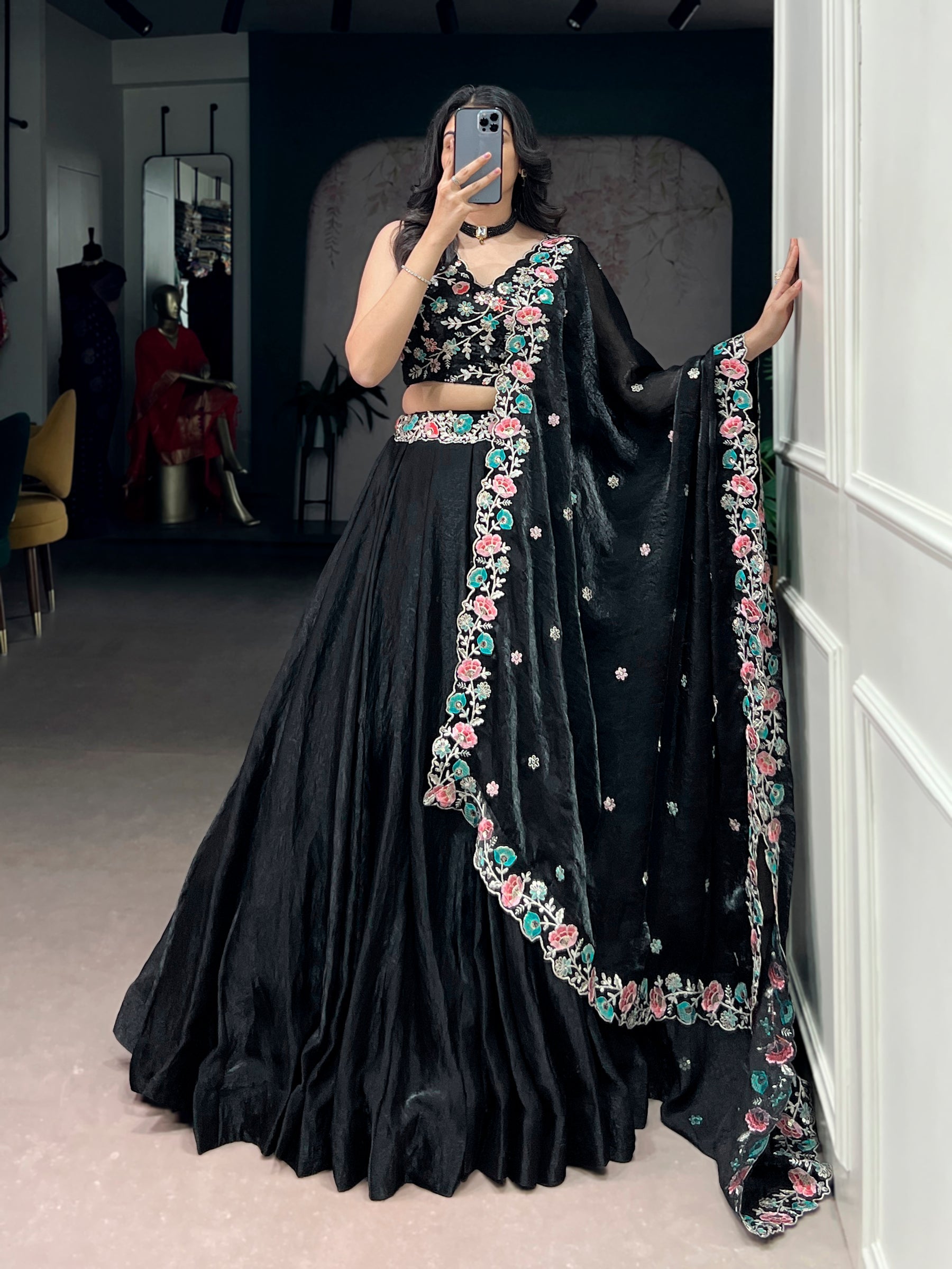 Lorenvalley Fashion Black Fendy Satin Sequins and Thread Embroidery Work Belt Lehenga Choli with Dupatta - Distacart