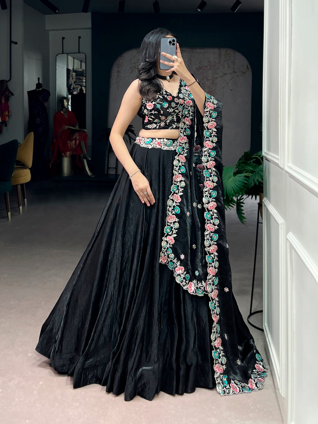 Lorenvalley Fashion Black Fendy Satin Sequins and Thread Embroidery Work Belt Lehenga Choli with Dupatta - Distacart