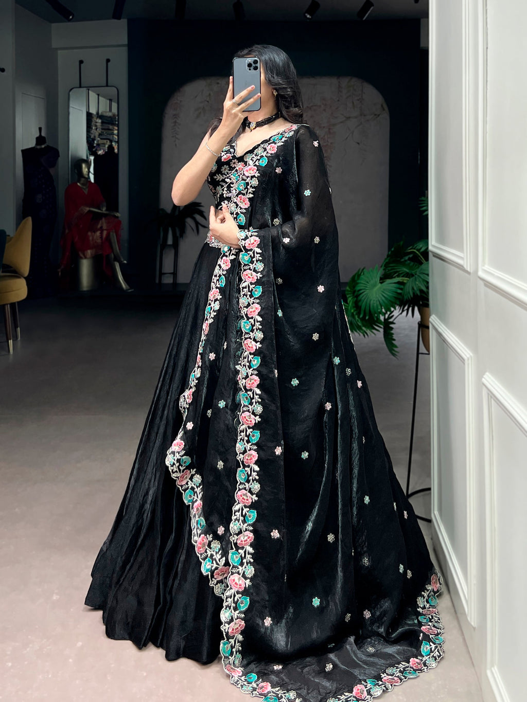 Lorenvalley Fashion Black Fendy Satin Sequins and Thread Embroidery Work Belt Lehenga Choli with Dupatta - Distacart