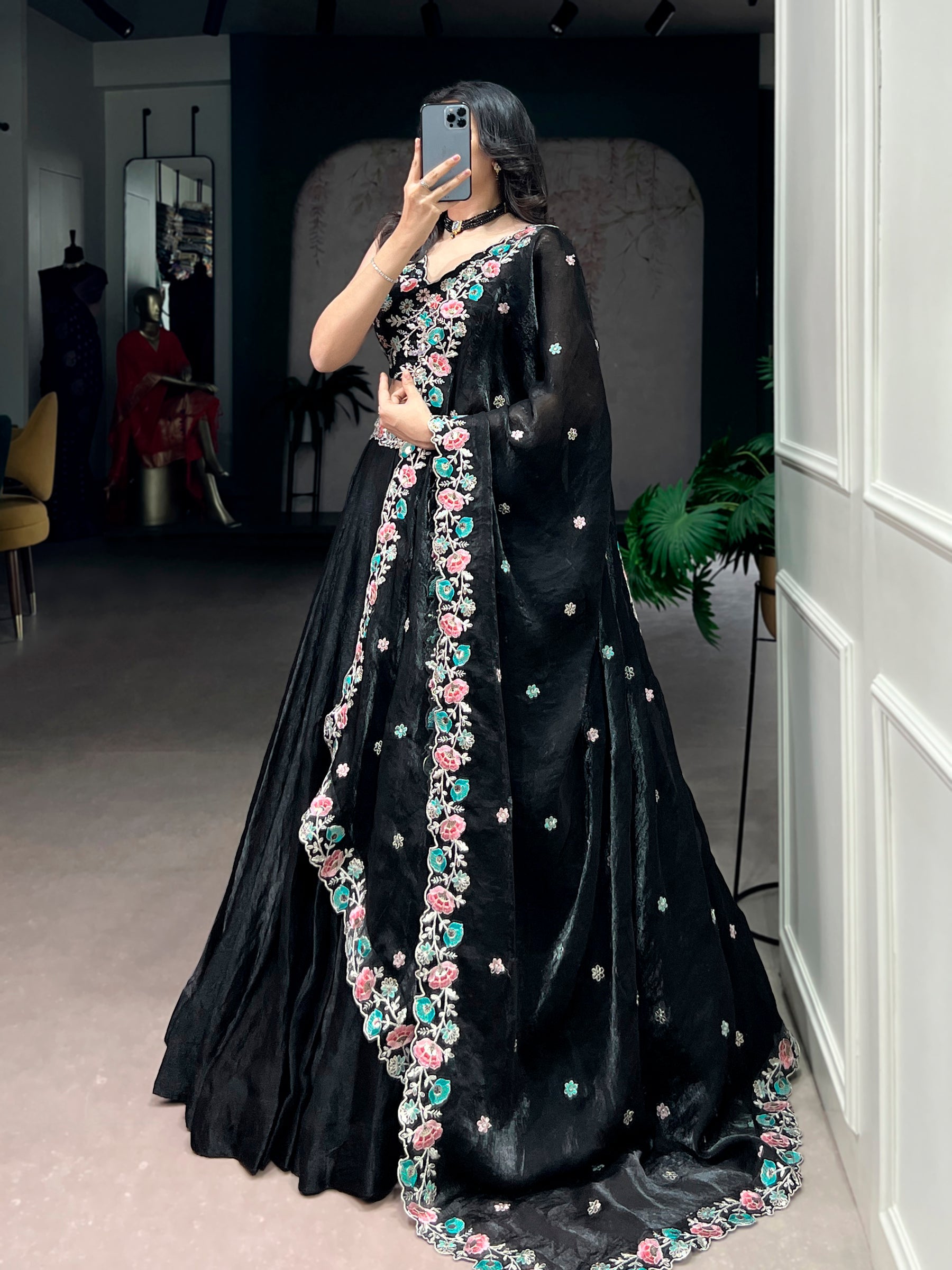 Lorenvalley Fashion Black Fendy Satin Sequins and Thread Embroidery Work Belt Lehenga Choli with Dupatta - Distacart