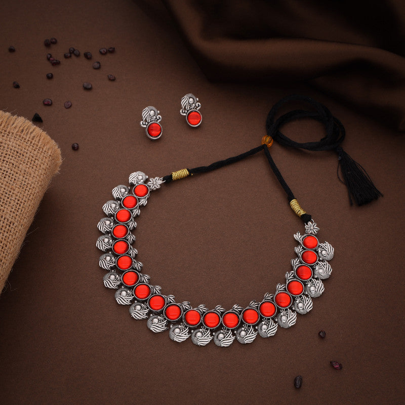 Tehzeeb Creations Silver Plated Orange Colour Stone Jewellery Choker Necklace Set With Matching Pair of Stud Earrings