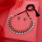 Tehzeeb Creations Silver Plated Orange Colour Stone Jewellery Choker Necklace Set With Matching Pair of Stud Earrings