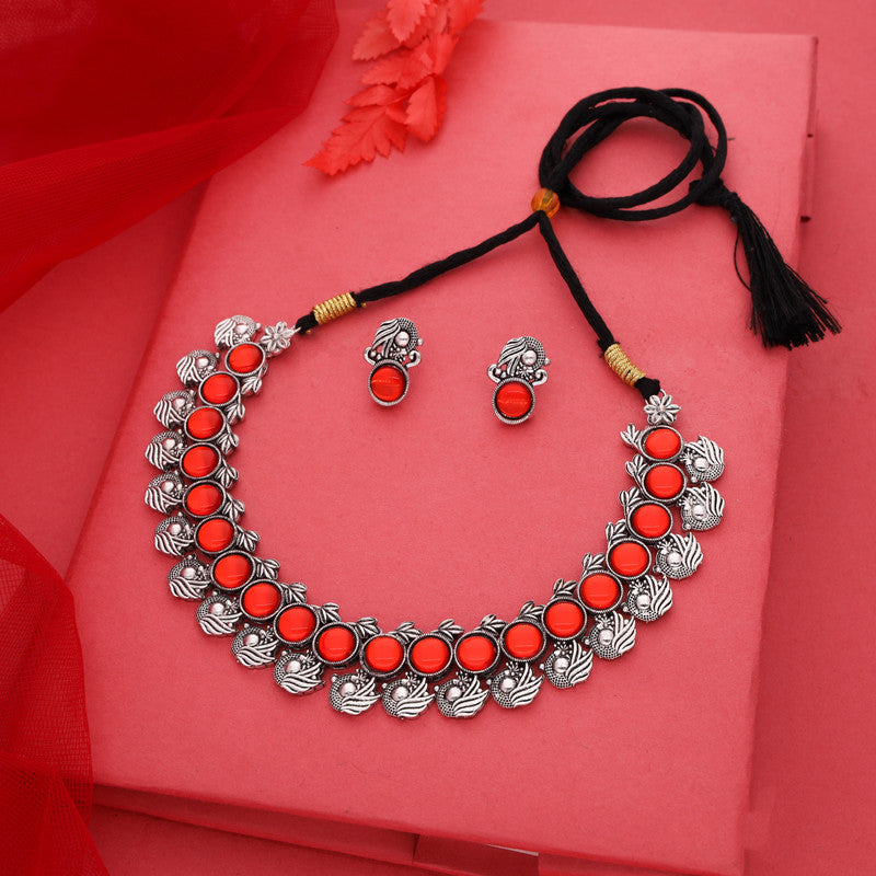Tehzeeb Creations Silver Plated Orange Colour Stone Jewellery Choker Necklace Set With Matching Pair of Stud Earrings