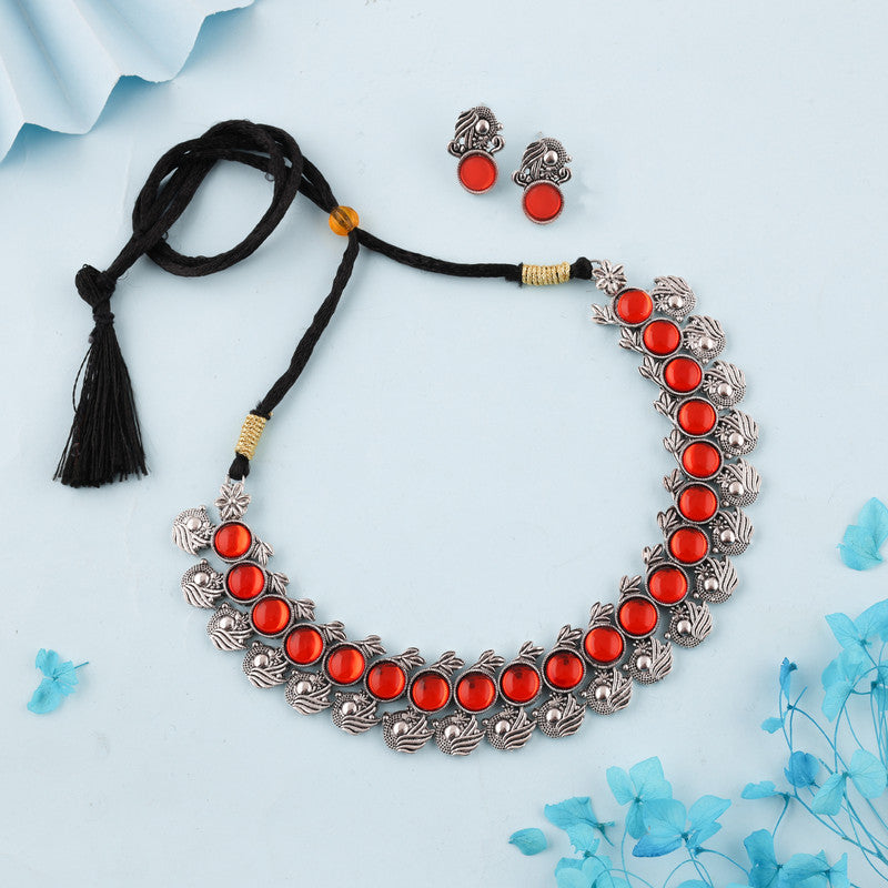 Tehzeeb Creations Silver Plated Orange Colour Stone Jewellery Choker Necklace Set With Matching Pair of Stud Earrings