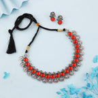 Tehzeeb Creations Silver Plated Orange Colour Stone Jewellery Choker Necklace Set With Matching Pair of Stud Earrings