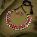 Tehzeeb Creations Silver Plated Orange Colour Stone Jewellery Choker Necklace Set With Matching Pair of Stud Earrings
