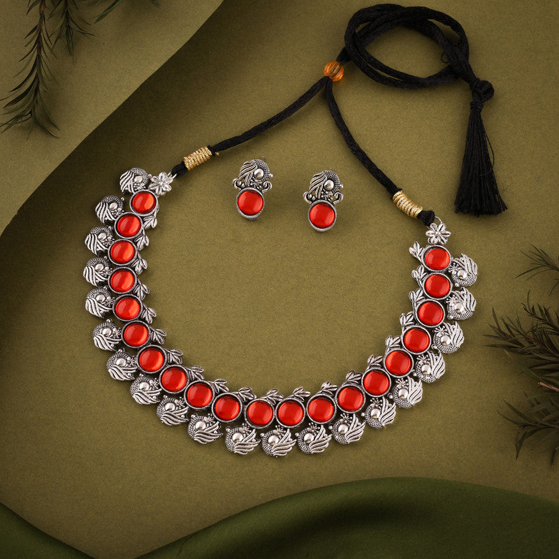 Tehzeeb Creations Silver Plated Orange Colour Stone Jewellery Choker Necklace Set With Matching Pair of Stud Earrings
