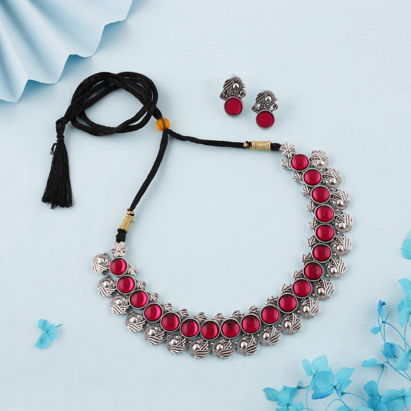 Tehzeeb Creations Silver Plated Pink Colour Stone Jewellery Choker Necklace Set With Matching Pair of Stud Earrings