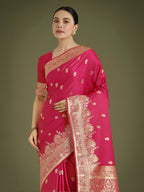 Monjolika Fashion Hot Pink With Gold Bordar Banarasi Woven Satin Saree
