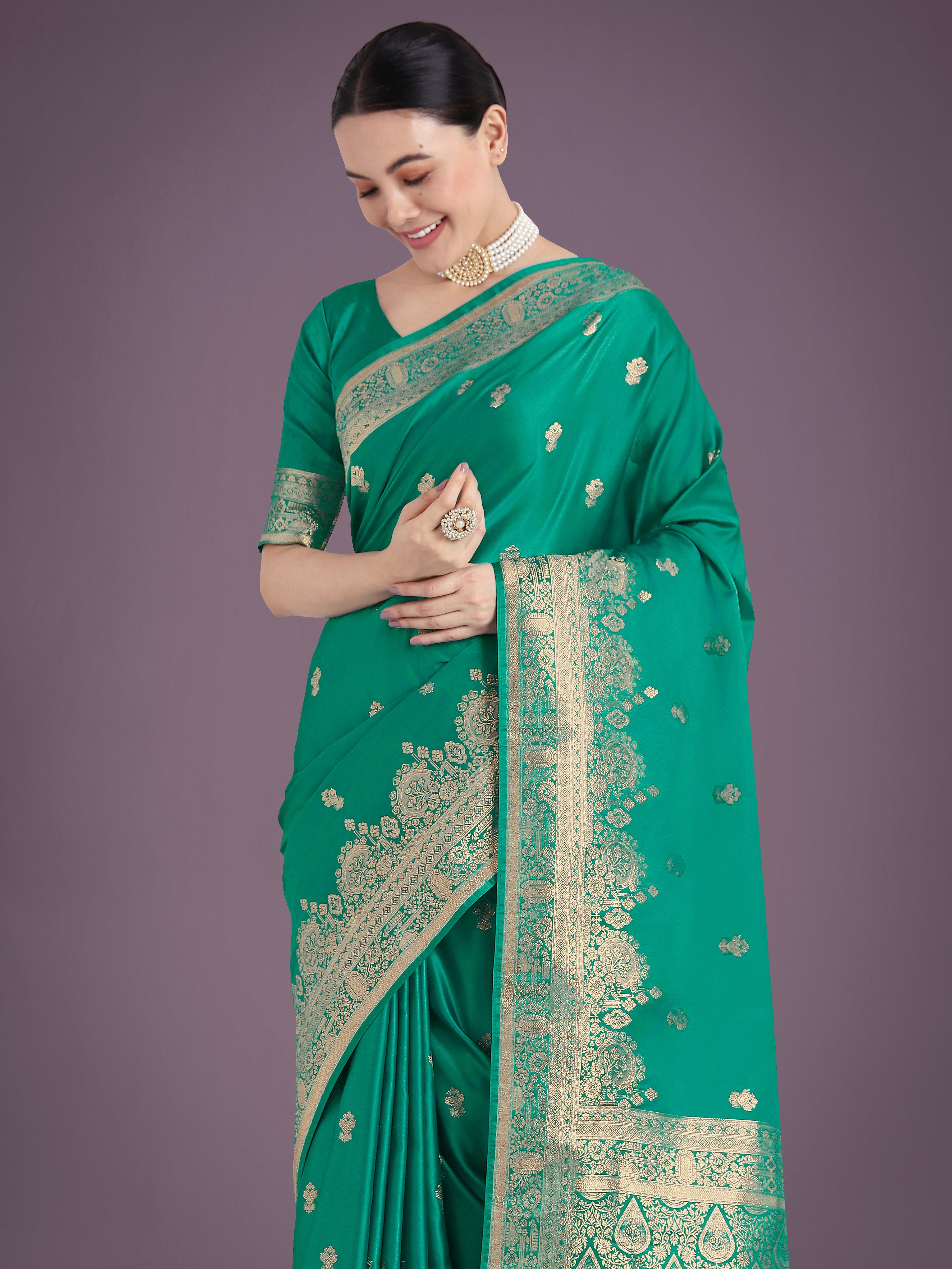 Monjolika Fashion Turquoise With Gold Bordar Banarasi Woven Satin Saree