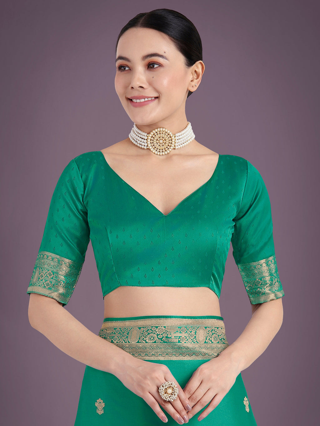 Monjolika Fashion Turquoise With Gold Bordar Banarasi Woven Satin Saree