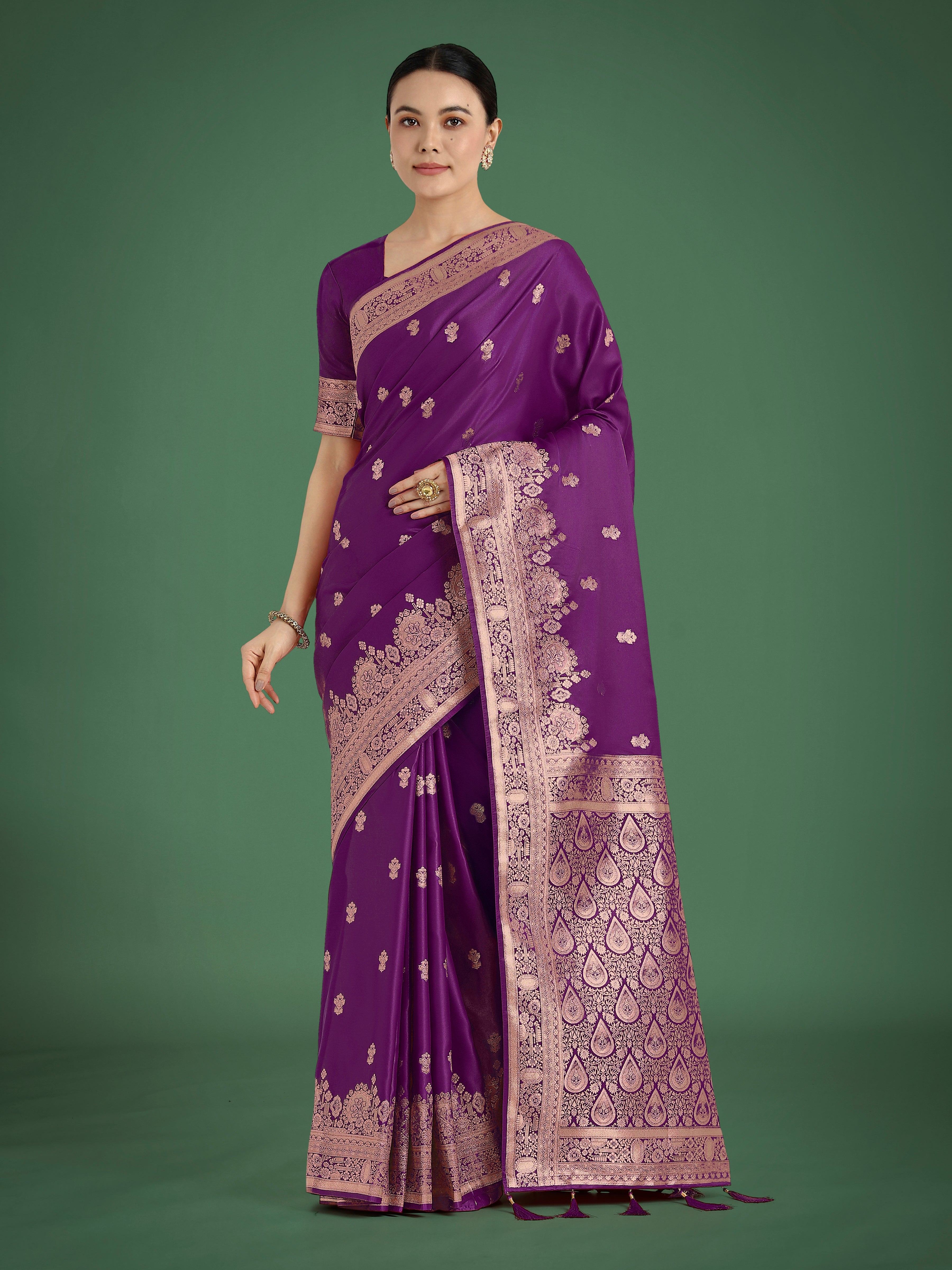 Monjolika Fashion Purple With Gold Bordar Banarasi Woven Satin Saree - Distacart