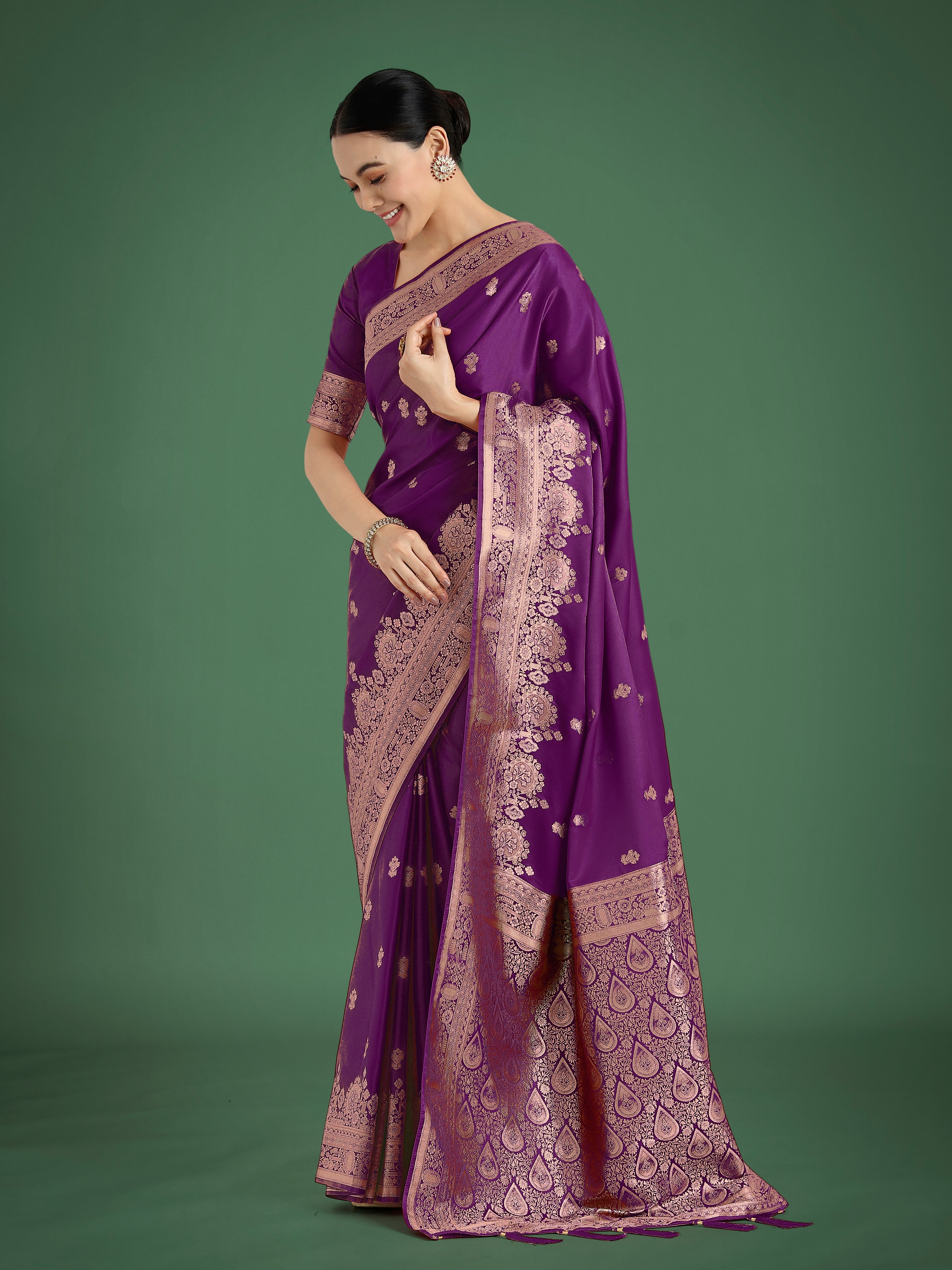 Monjolika Fashion Purple With Gold Bordar Banarasi Woven Satin Saree - Distacart