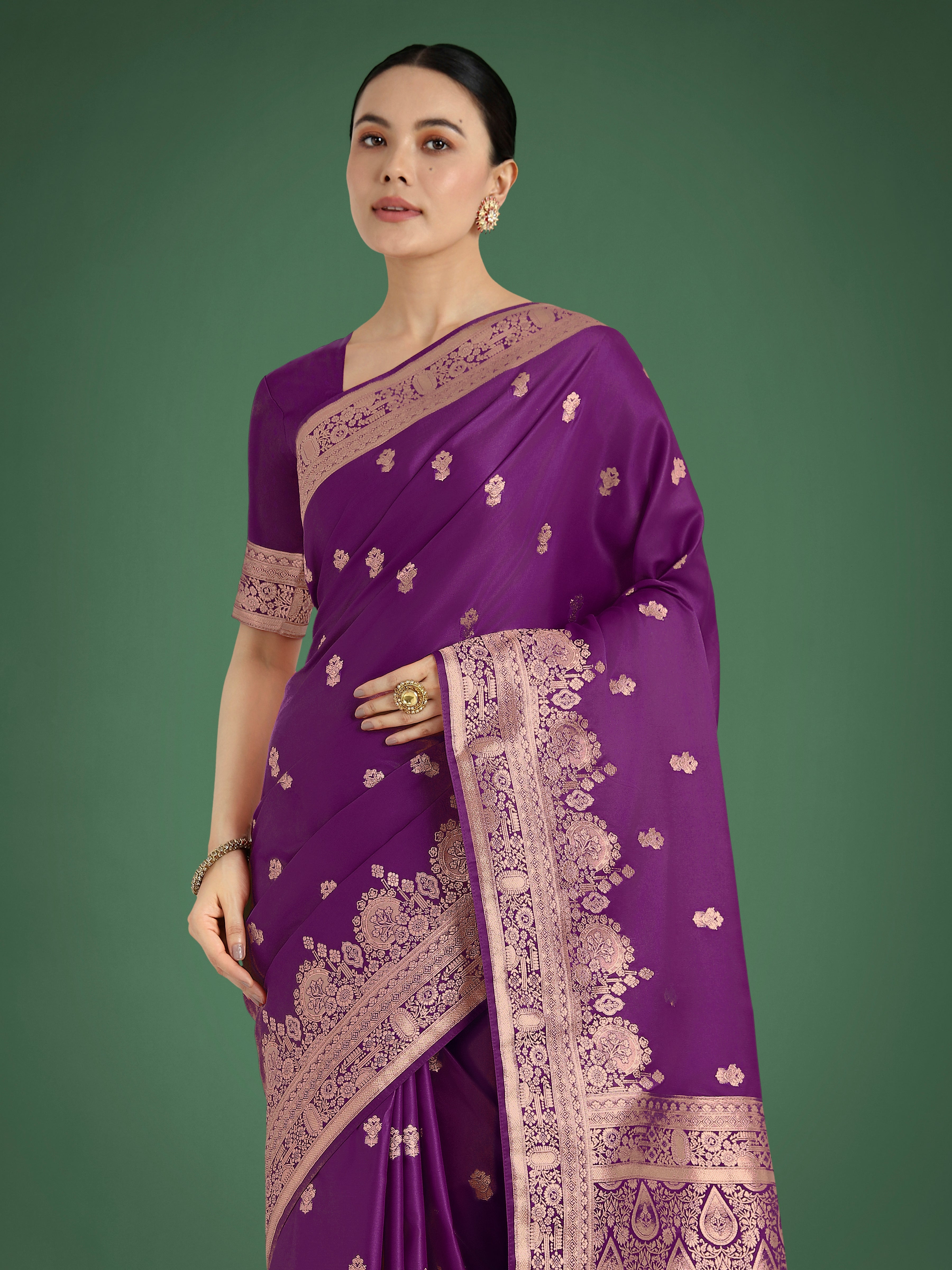 Monjolika Fashion Purple With Gold Bordar Banarasi Woven Satin Saree - Distacart