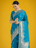 Monjolika Fashion Cyan blue With Gold Bordar Banarasi Woven Satin Saree