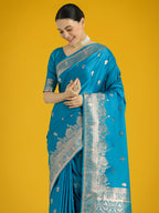 Monjolika Fashion Cyan blue With Gold Bordar Banarasi Woven Satin Saree
