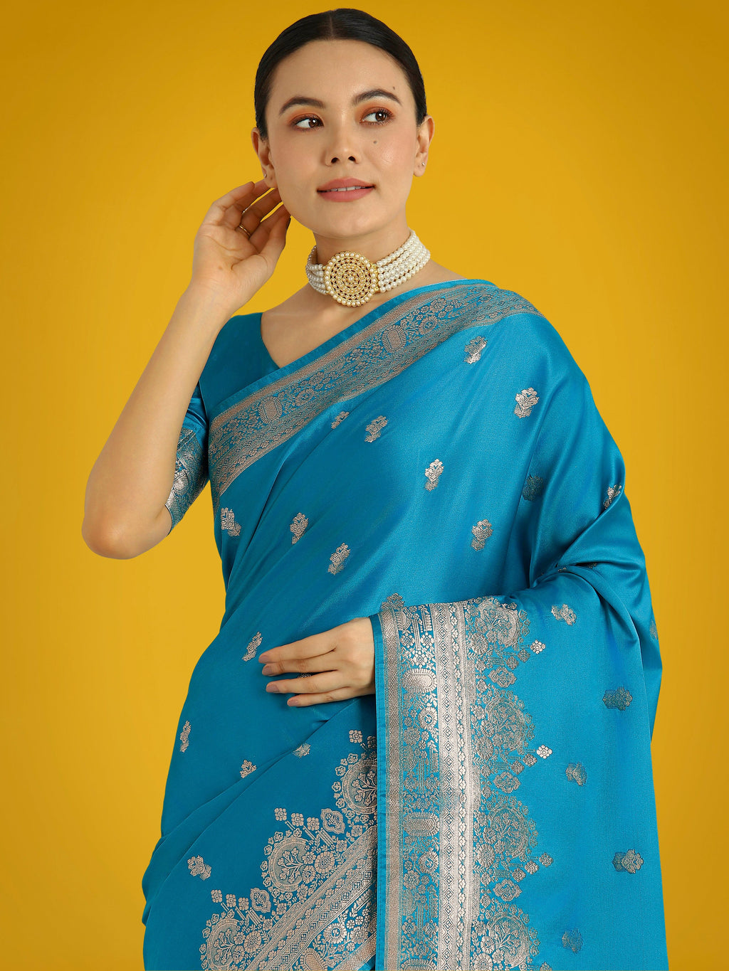 Monjolika Fashion Cyan blue With Gold Bordar Banarasi Woven Satin Saree