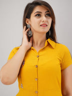 HERE&NOW Mustard Yellow Shirt Collar Thread Work A-Line Kurta