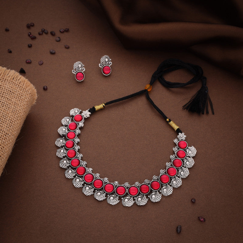 Tehzeeb Creations Silver Plated Pink Colour Stone Jewellery Choker Necklace Set With Matching Pair of Stud Earrings