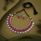 Tehzeeb Creations Silver Plated Pink Colour Stone Jewellery Choker Necklace Set With Matching Pair of Stud Earrings