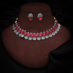 Tehzeeb Creations Silver Plated Pink Colour Stone Jewellery Choker Necklace Set With Matching Pair of Stud Earrings
