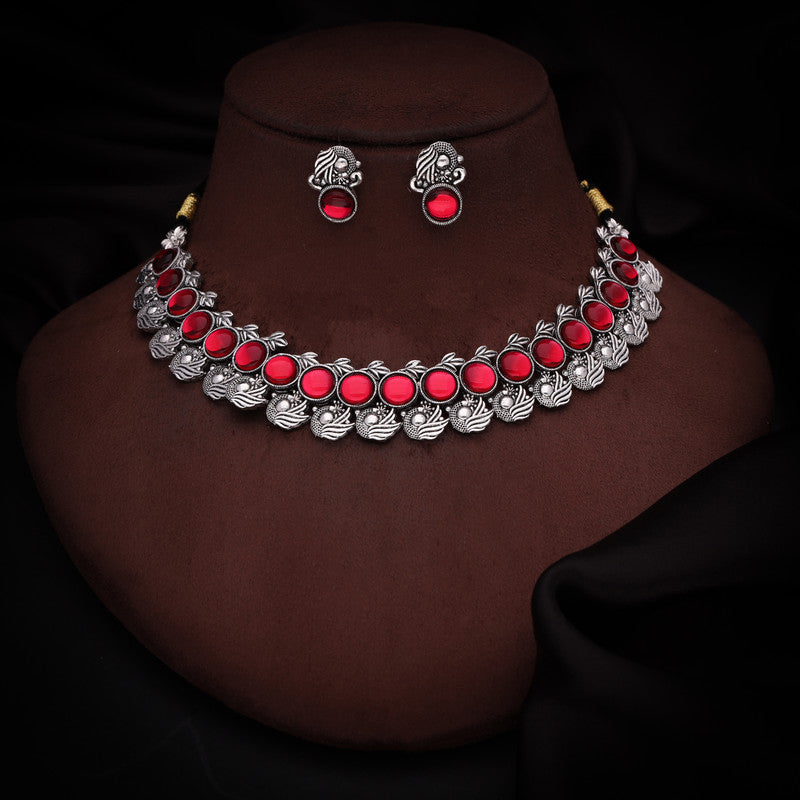 Tehzeeb Creations Silver Plated Pink Colour Stone Jewellery Choker Necklace Set With Matching Pair of Stud Earrings