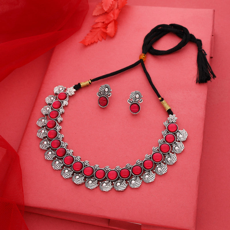 Tehzeeb Creations Silver Plated Pink Colour Stone Jewellery Choker Necklace Set With Matching Pair of Stud Earrings