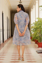 Vaasva Women Sky Blue Organza Marble Printed Dress - Distacart