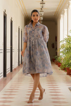Vaasva Women Sky Blue Organza Marble Printed Dress - Distacart