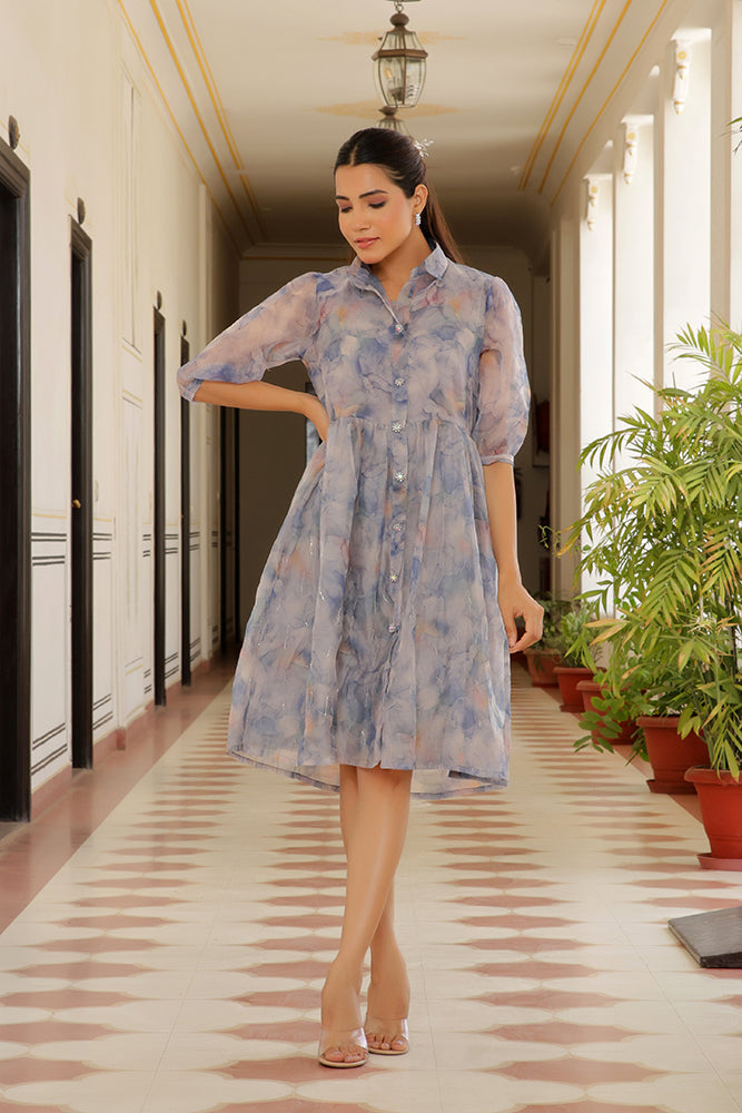 Vaasva Women Sky Blue Organza Marble Printed Dress - Distacart