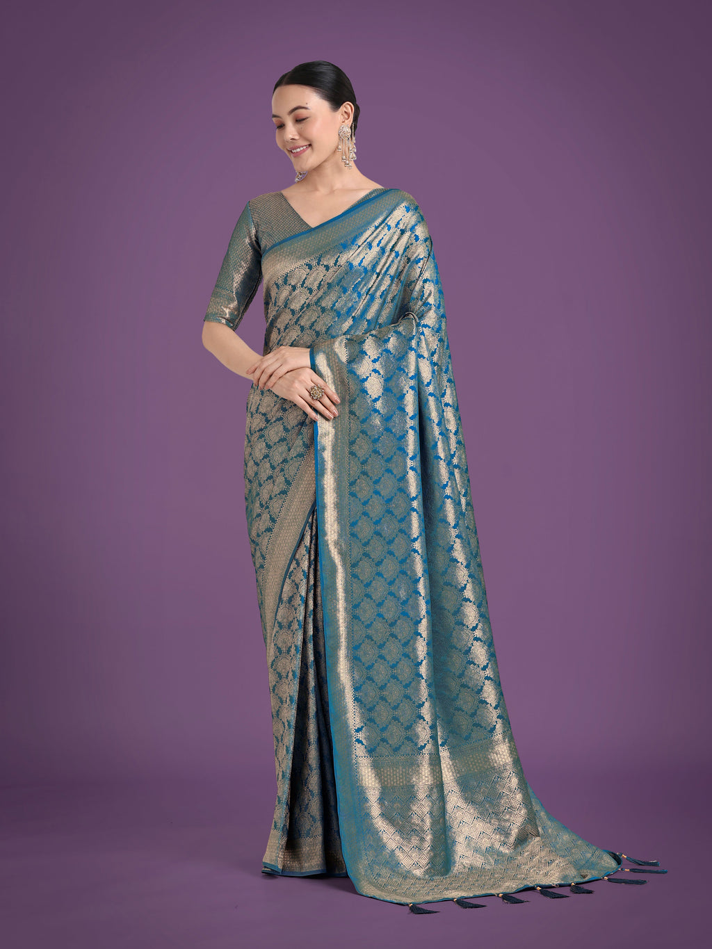 Monjolika Fashion Flattering Cyan blue Banarasi Satin Silk Zari Weaving Work Designer Saree - Distacart
