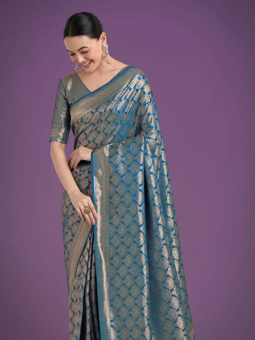 Monjolika Fashion Flattering Cyan blue Banarasi Satin Silk Zari Weaving Work Designer Saree - Distacart