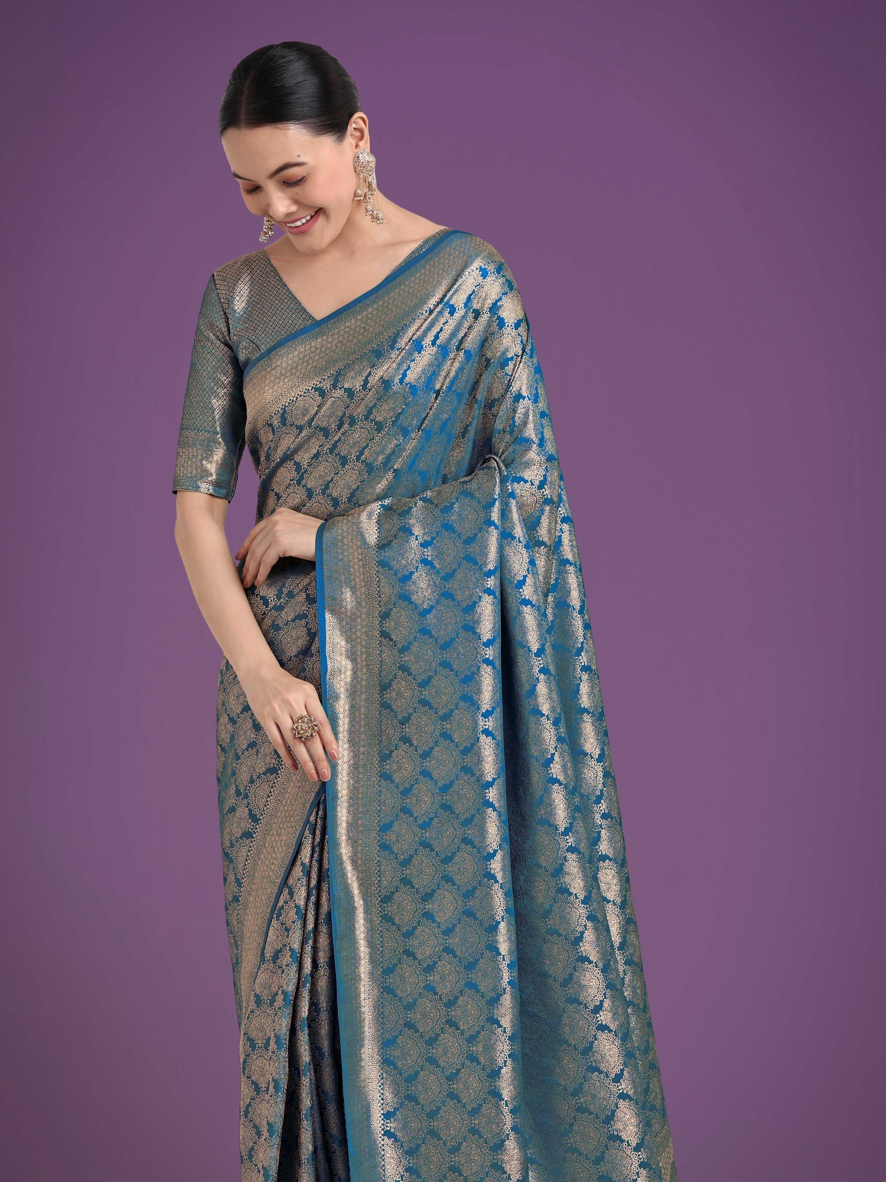 Monjolika Fashion Flattering Cyan blue Banarasi Satin Silk Zari Weaving Work Designer Saree - Distacart