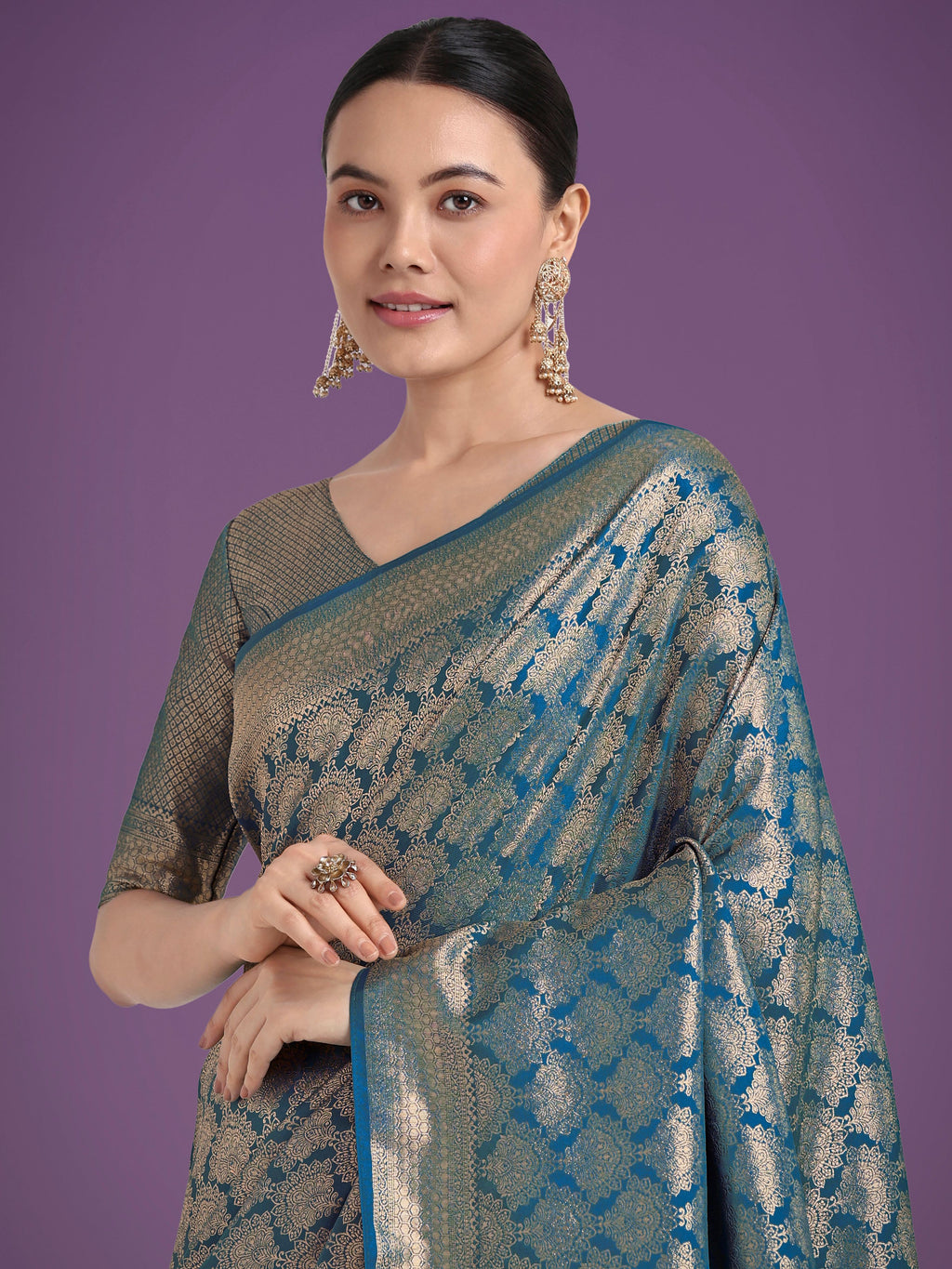 Monjolika Fashion Flattering Cyan blue Banarasi Satin Silk Zari Weaving Work Designer Saree - Distacart