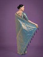 Monjolika Fashion Flattering Cyan blue Banarasi Satin Silk Zari Weaving Work Designer Saree - Distacart