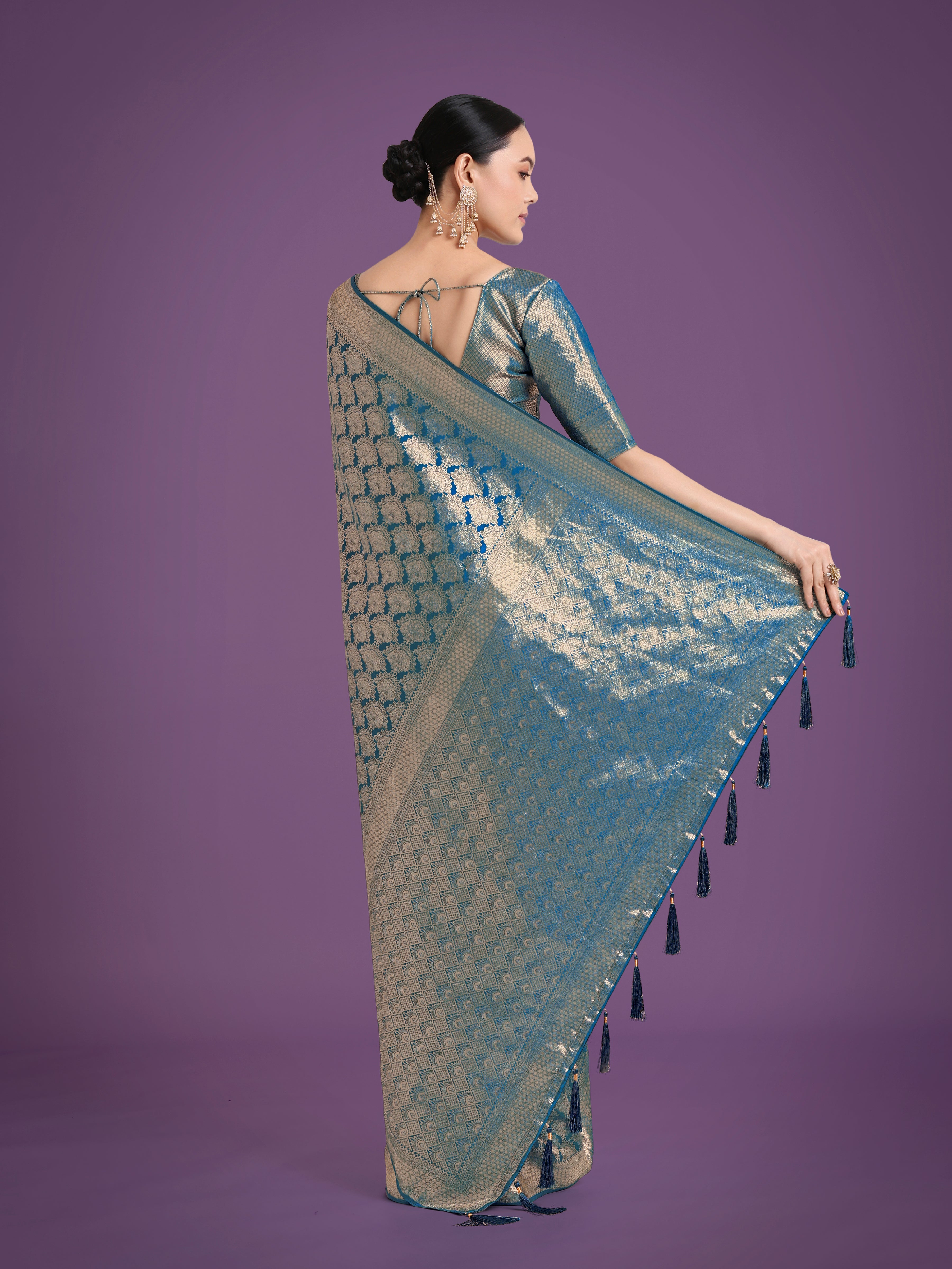 Monjolika Fashion Flattering Cyan blue Banarasi Satin Silk Zari Weaving Work Designer Saree - Distacart