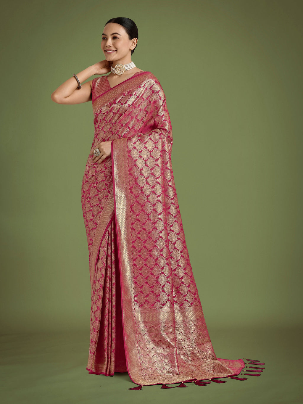 Monjolika Fashion Flattering Dark Pink Banarasi Satin Silk Zari Weaving Work Designer Saree - Distacart