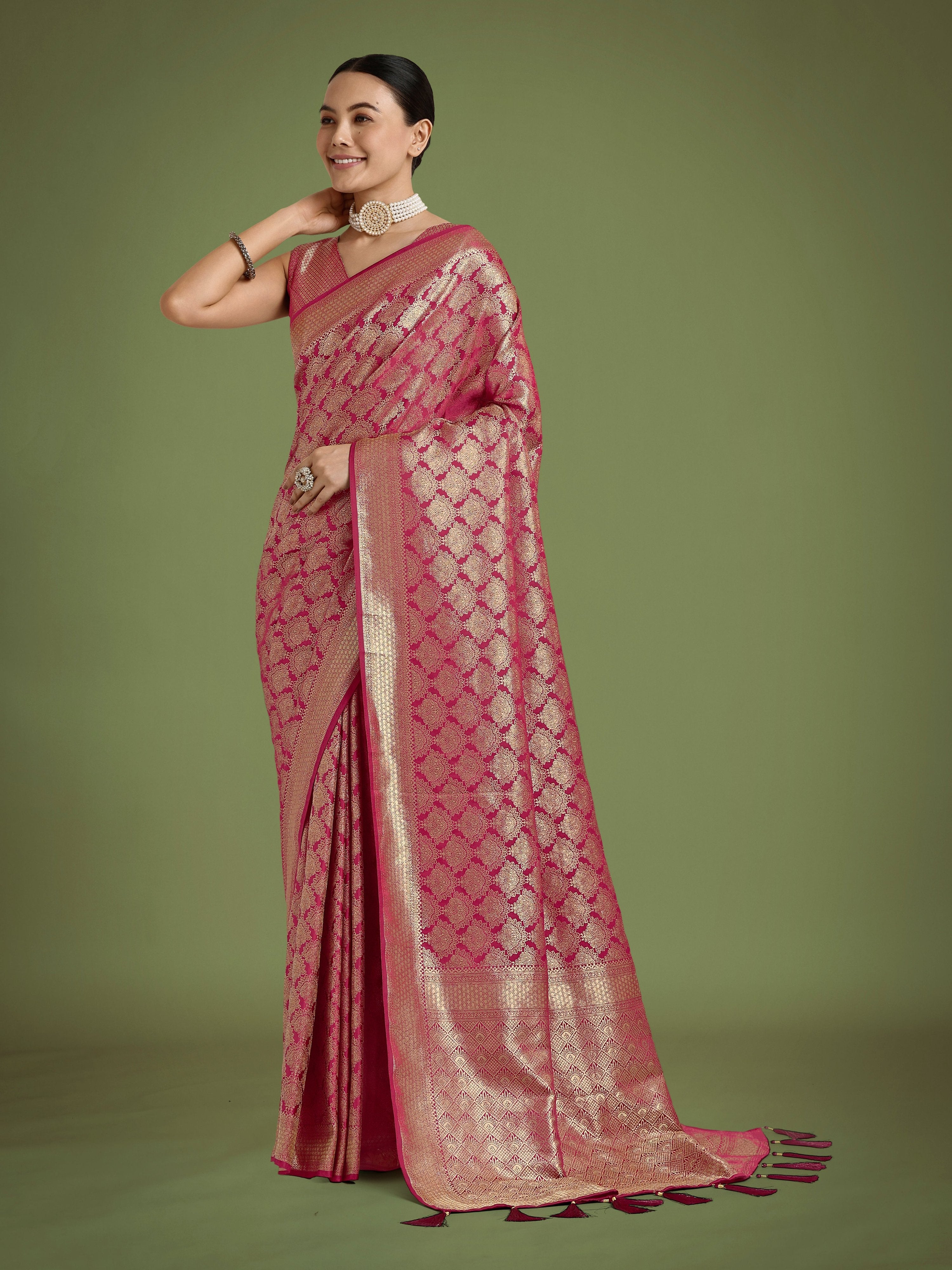 Monjolika Fashion Flattering Dark Pink Banarasi Satin Silk Zari Weaving Work Designer Saree - Distacart