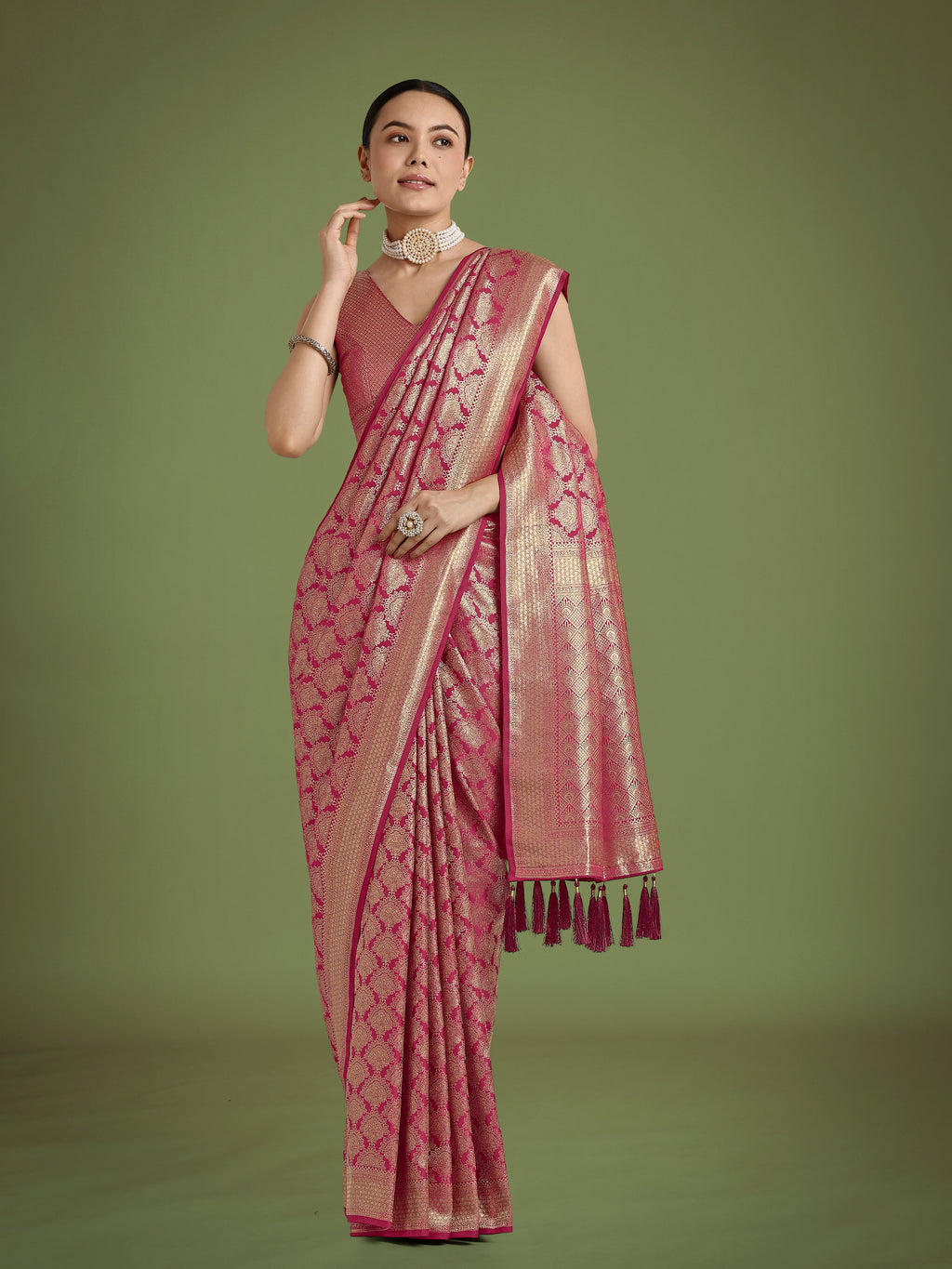 Monjolika Fashion Flattering Dark Pink Banarasi Satin Silk Zari Weaving Work Designer Saree - Distacart