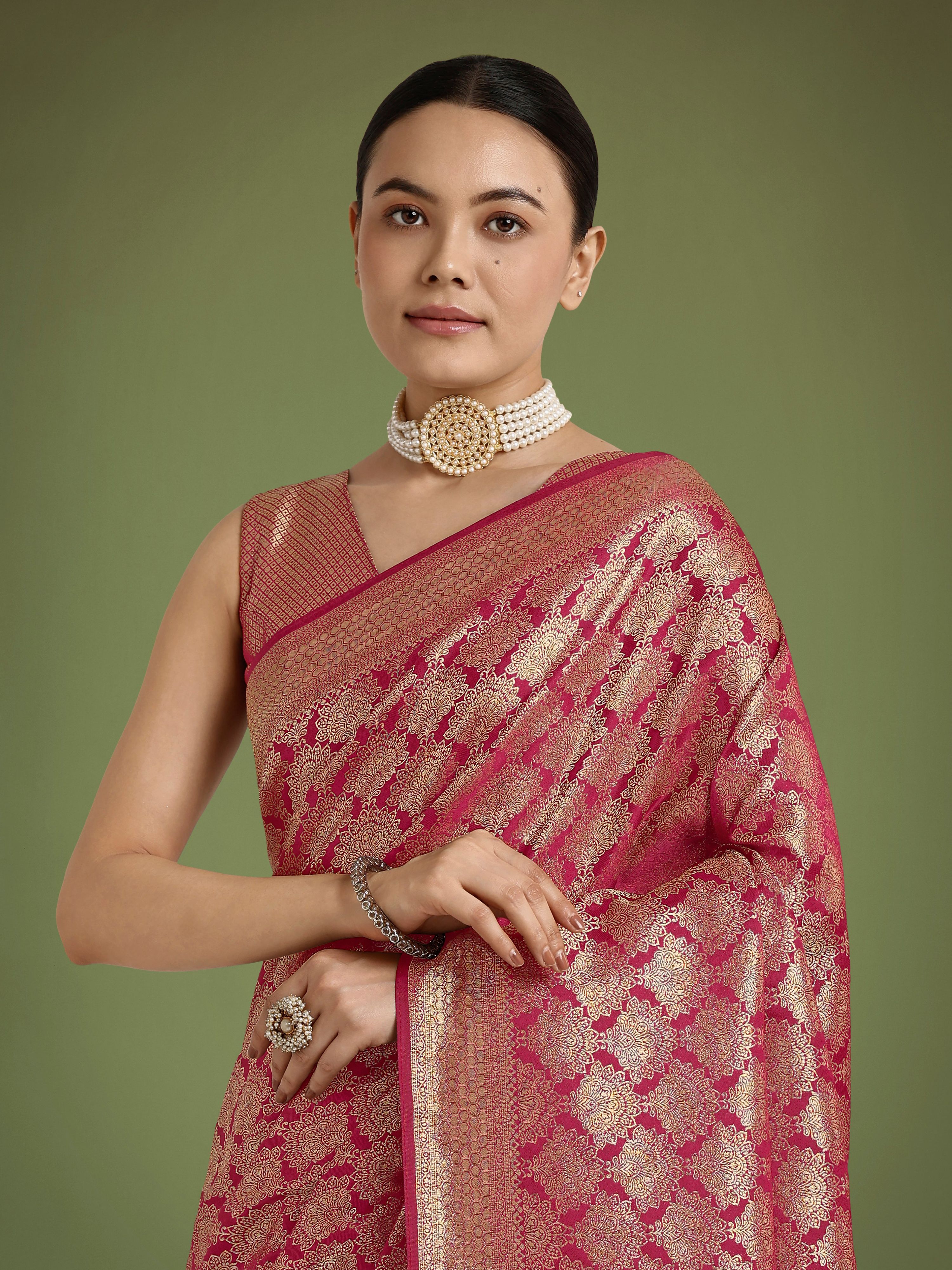 Monjolika Fashion Flattering Dark Pink Banarasi Satin Silk Zari Weaving Work Designer Saree - Distacart
