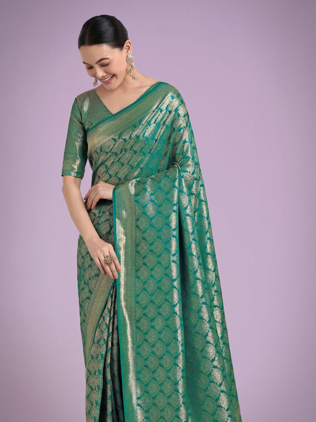Monjolika Fashion Flattering Turquoise Banarasi Satin Silk Zari Weaving Work Designer Saree - Distacart