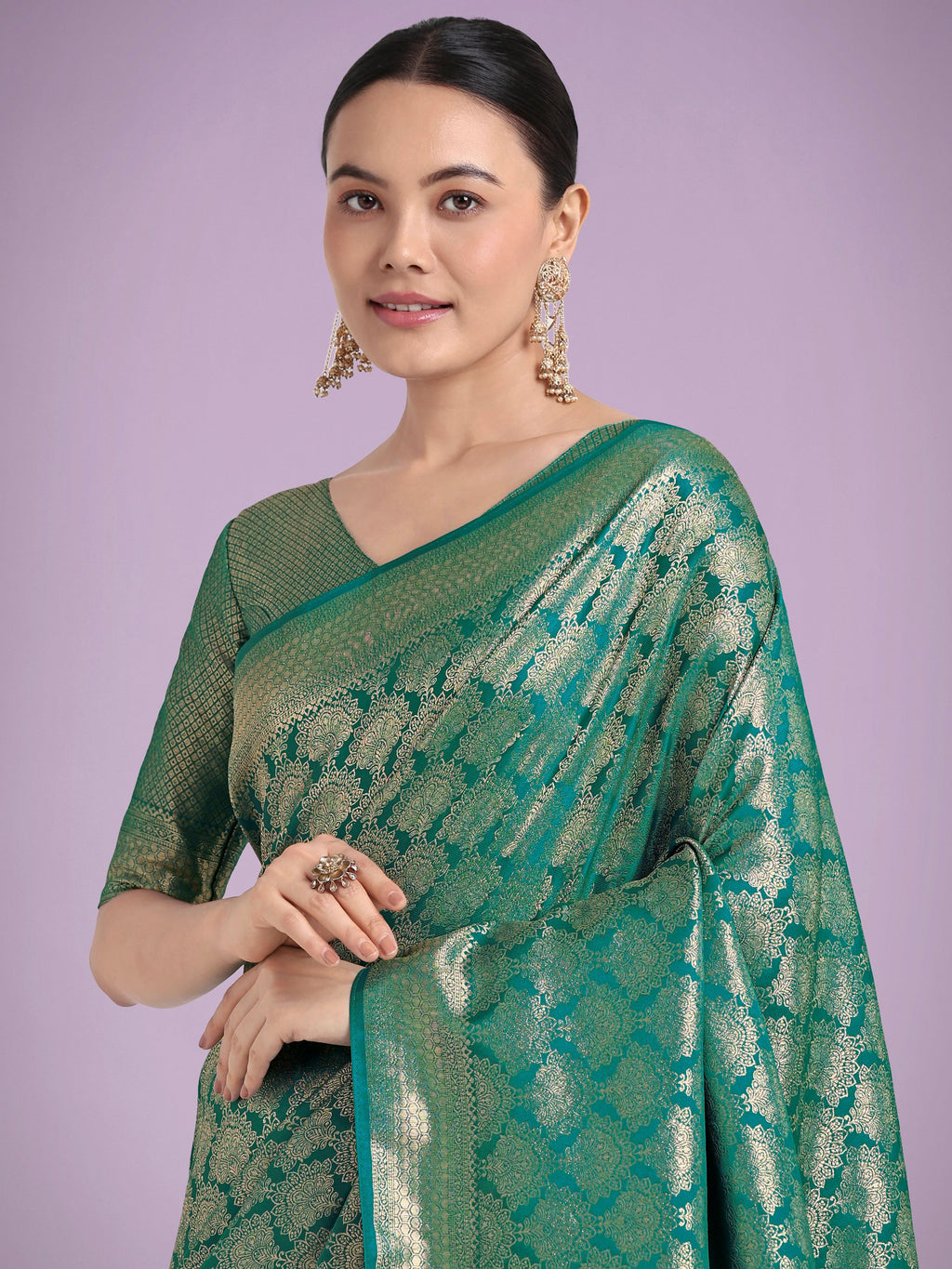 Monjolika Fashion Flattering Turquoise Banarasi Satin Silk Zari Weaving Work Designer Saree - Distacart