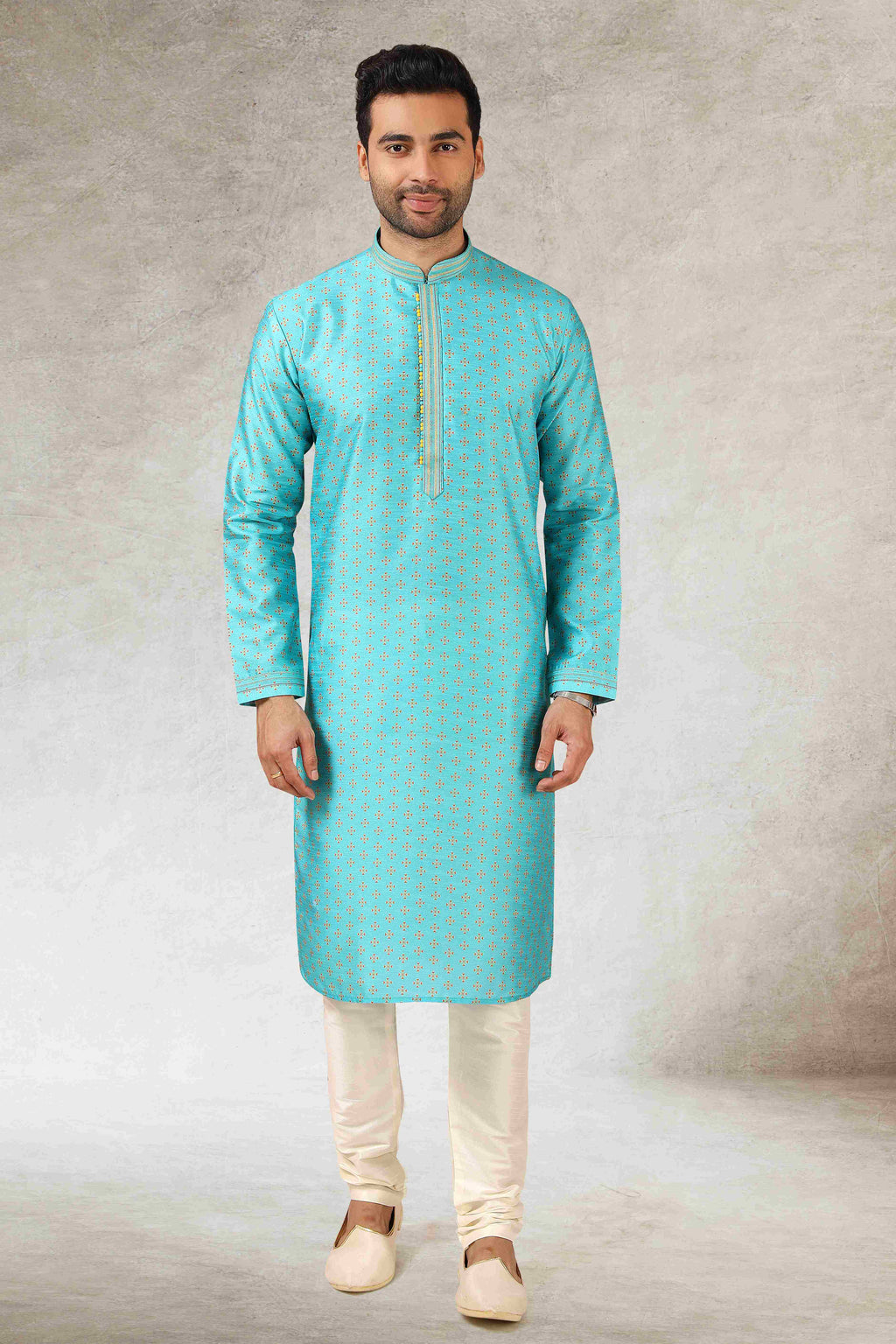 Raivat Ethnic Art Silk Printed Work Kurta Pajama In Sky Blue Colour - Distacart