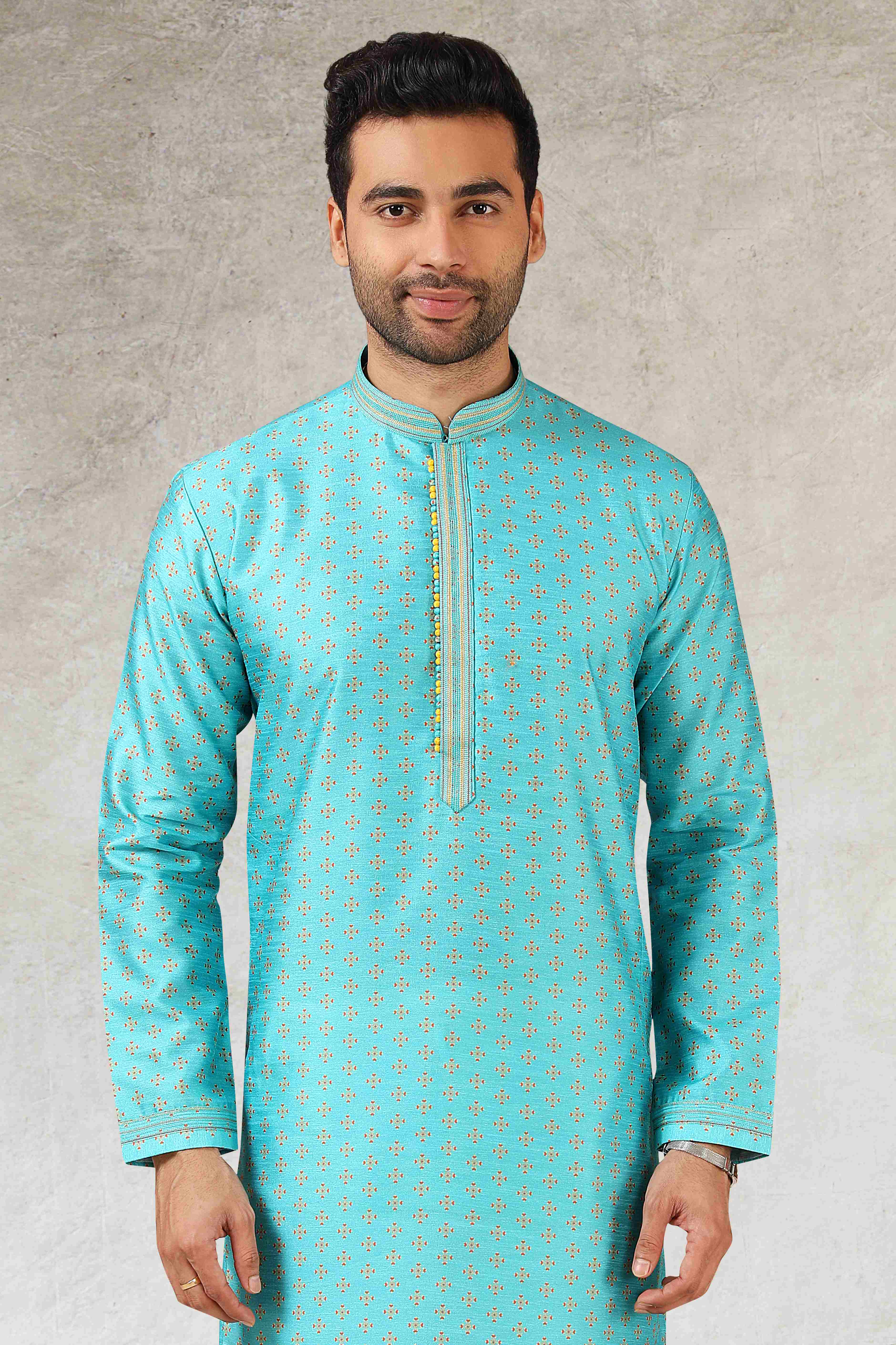 Raivat Ethnic Art Silk Printed Work Kurta Pajama In Sky Blue Colour - Distacart