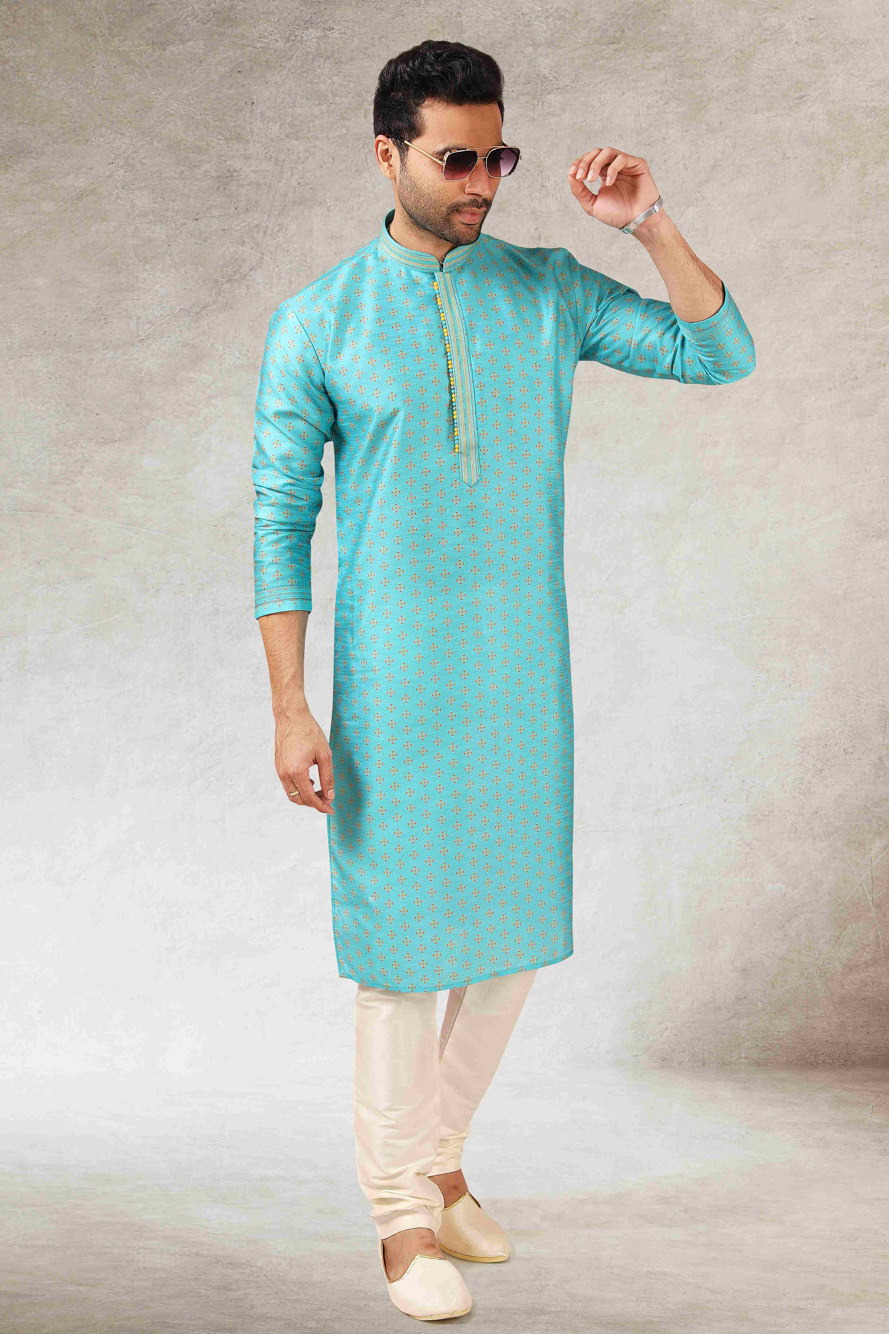 Raivat Ethnic Art Silk Printed Work Kurta Pajama In Sky Blue Colour - Distacart